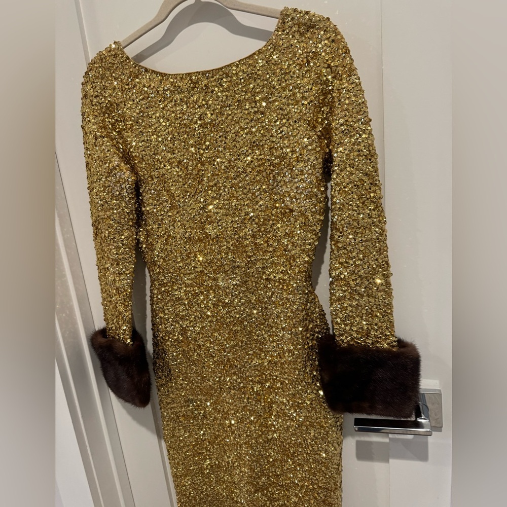 1960s Gene Shelly's Gold Sequin Keyhole Long Bell Sleeve Vintage Wool 60s Gown - Picture 5 of 17